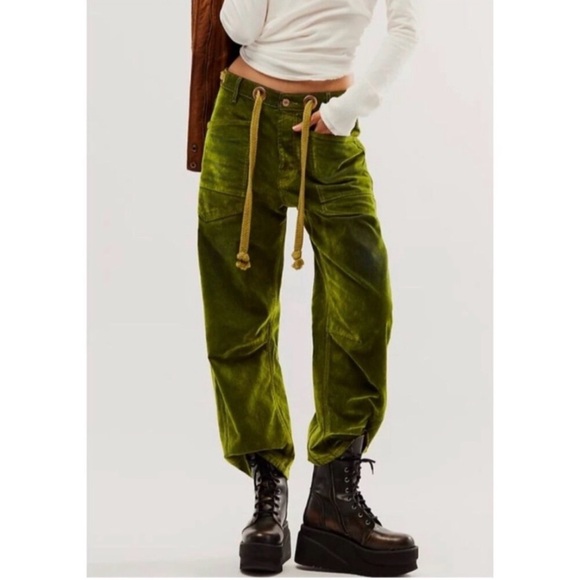 We The Free People Flocked Moxie Barrel Jeans Green Lime - Picture 2 of 3